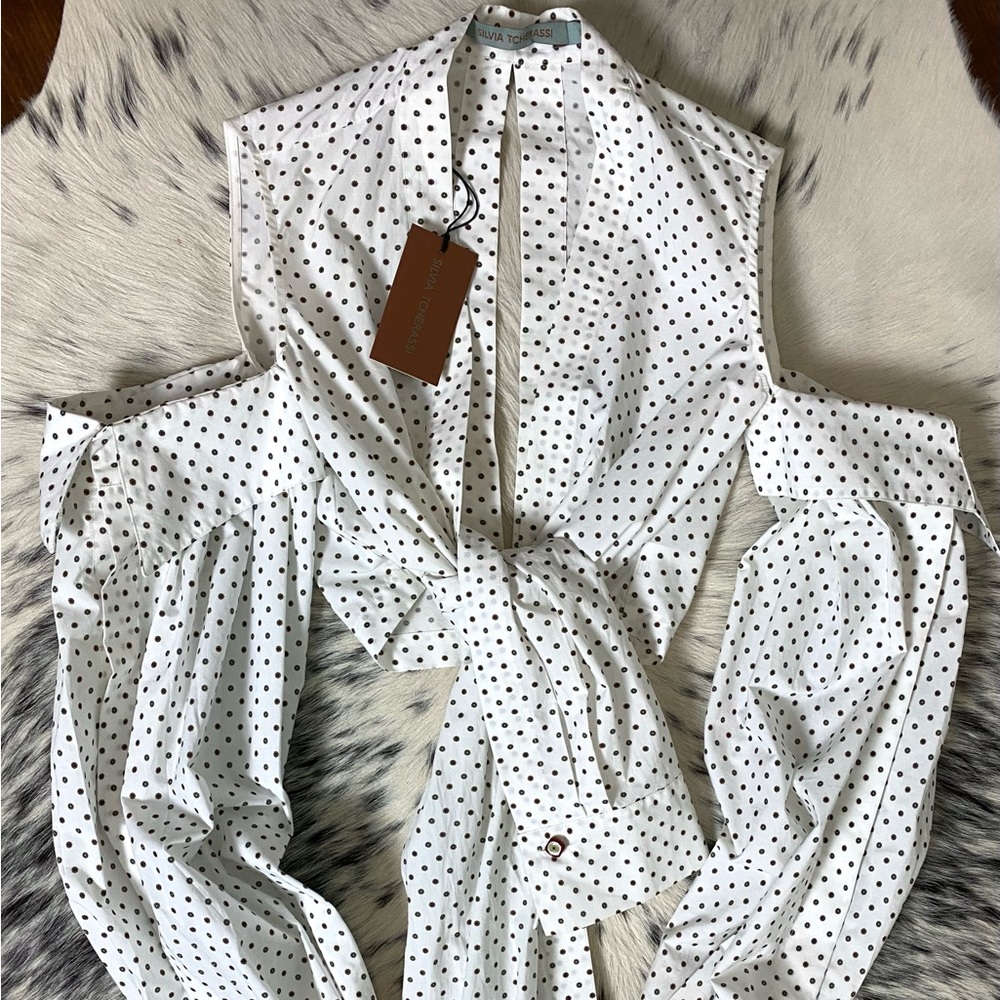 SILVIA TCHERASSI “MATINATA” COLD-SHOULDER TIE FRONT BLOUSE, SZ S POLKA DOT